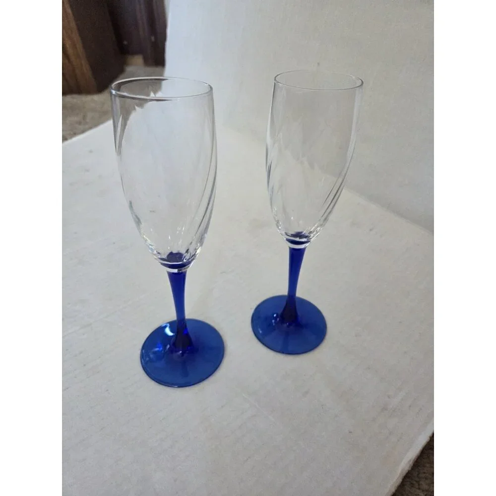 Vintage Cobalt Blue Stem Champagne Flute Wine‎ Glasses 8.25